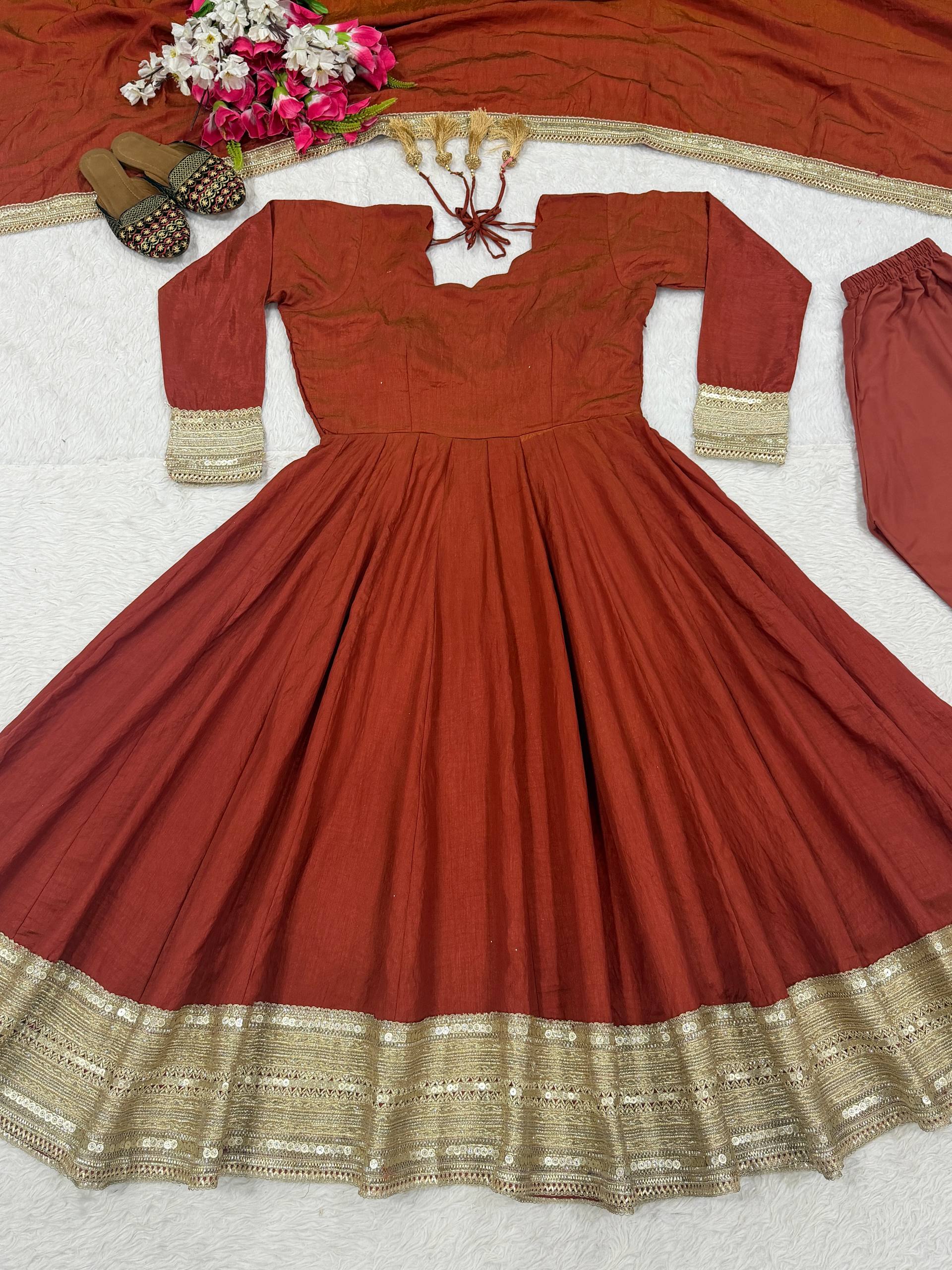 Regal Rust Orange Flared Anarkali Suit Set Featuring Ornate Gold Sequined Borders, a Scalloped Neckline, and an Elegant Tie-Up Back